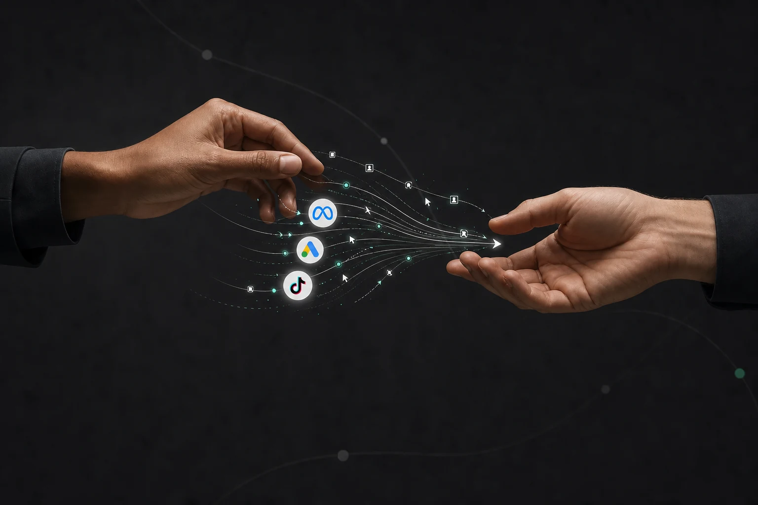 Meta, Google Ads and TikTok traffic flowing through tracked paths from one person to another